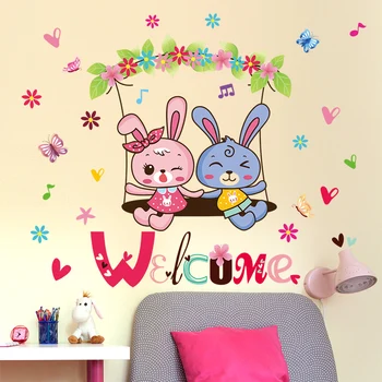 

[shijuekongjian] Rabbits Wall Stickers DIY Cartoon Animals Wall Decals for Kids Bedoom Kindergarten Door House Decoration