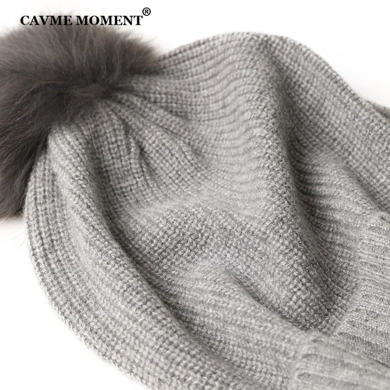 CAVME натуральным меховым помпоном головные уборы Skullies Beanies зимние кашемировые Шапки однотонные носки подходящие для детей обоих полов, Цвет из чистого кашемира Повседневное шляпа Роскошная бумажная коробка подарка, свободный размер