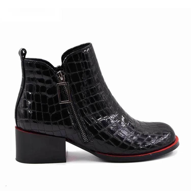 Зимние кожаные кроссовки; женская обувь на квадратном каблуке с принтом «крокодиловая кожа»; ботинки с боковой металлической молнией; модные ботинки из воловьей кожи с каменным узором