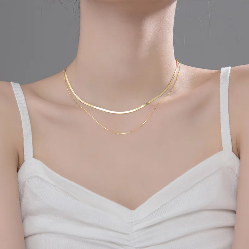 

MloveAcc Fashion Jewelry Choker Necklaces 925 Sterling Silver Flat Snake Blade Chain Double Female Women Korean Short Clavicle