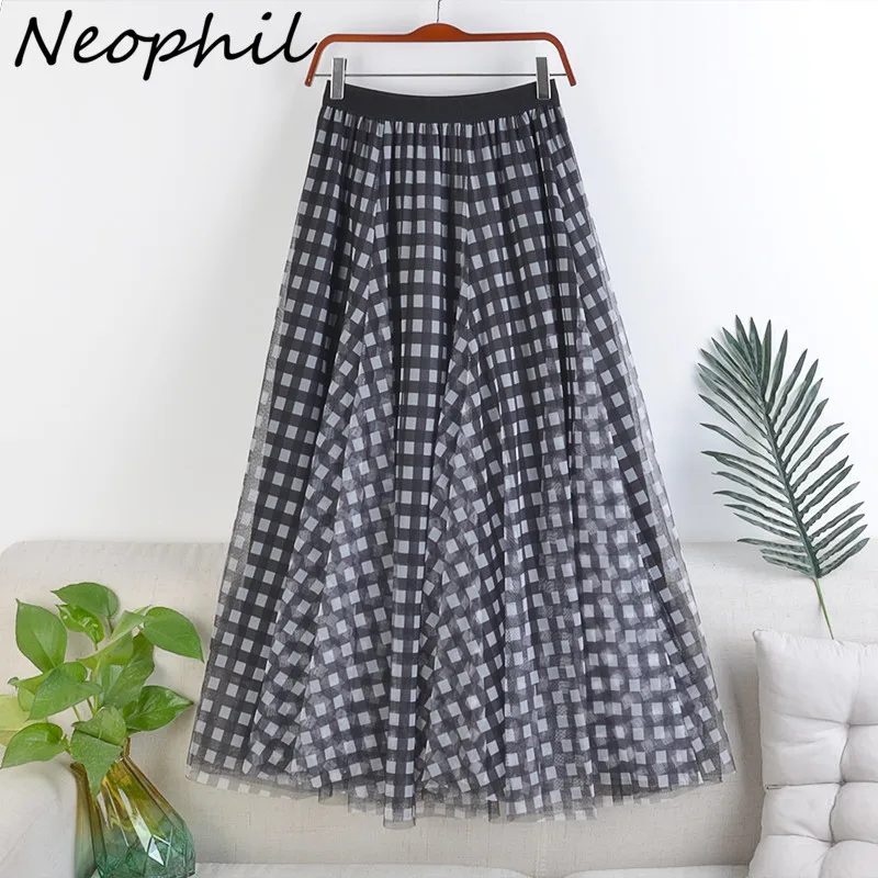 Neophil Black Plaid Women Mesh Tulle Long Skirts 2022 Spring Tartan Elastic Voile England Style Ball Gown Faldas Largas S21757 photo shoot robe soft tulle long bell sleeves floral dress pregnancy voile gown for maternity photography prop baby shower gift