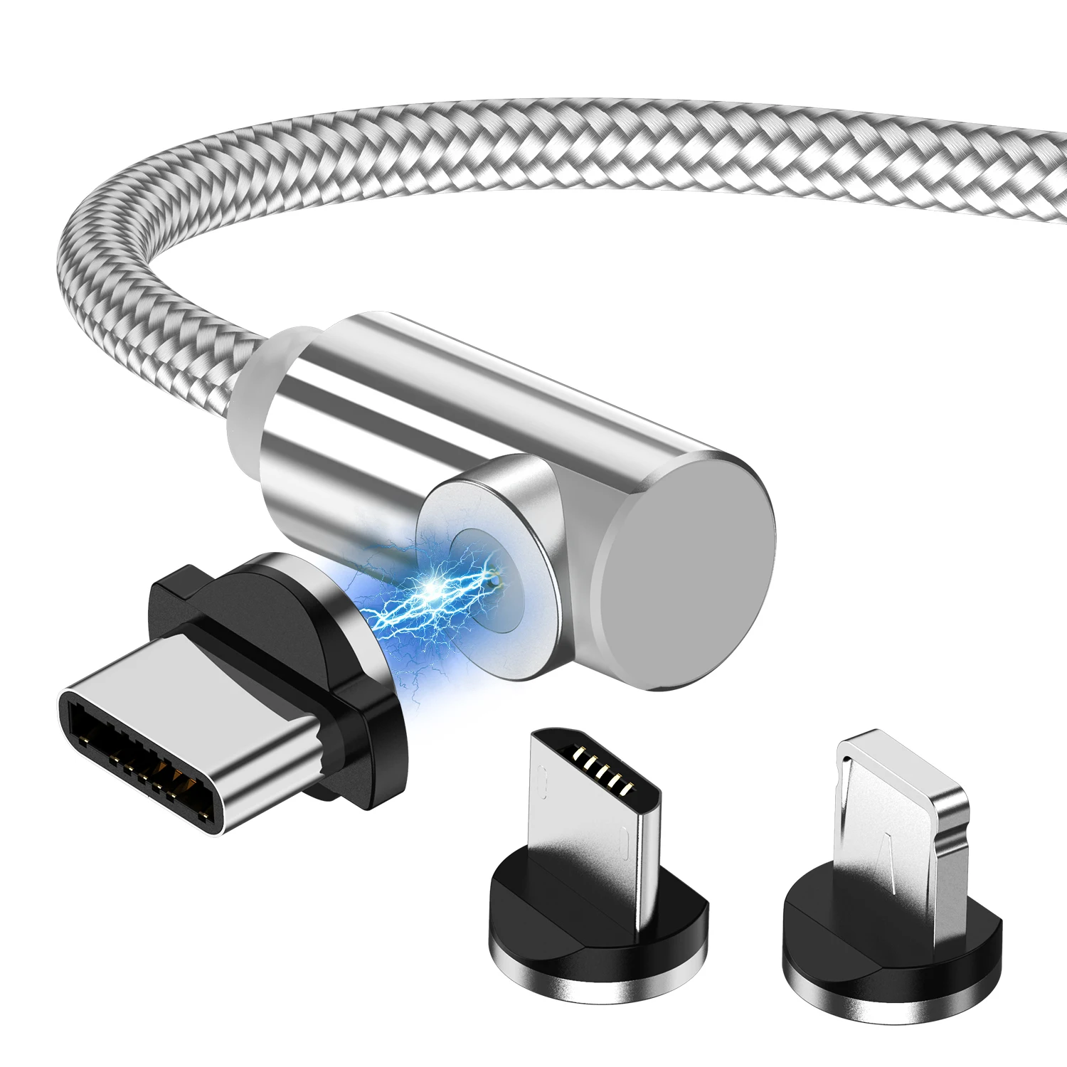 GTWIN Магнитный Micro USB кабель 90 градусов для iPhone 7 Магнит USB C локоть зарядки для huawei type C Android мобильного телефона зарядное устройство - Цвет: Silver Micro 3 Plugs