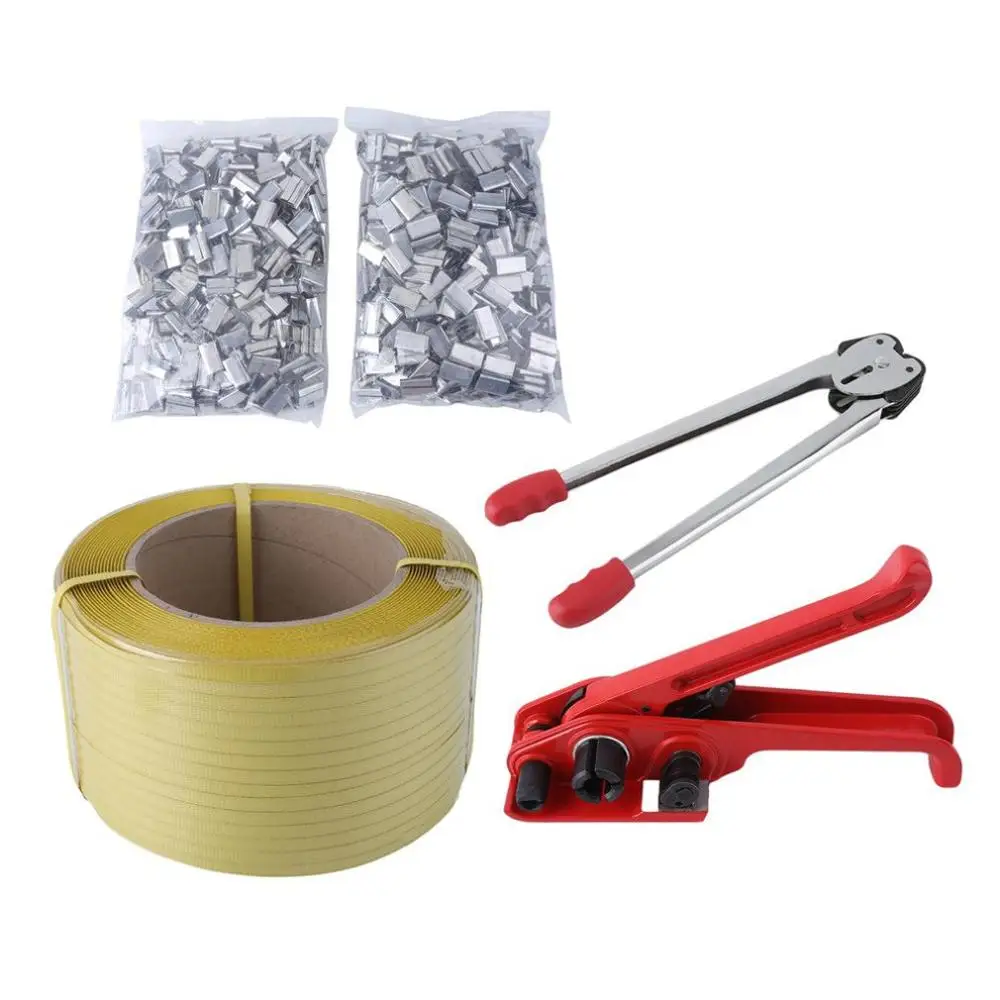 Packaging Strapping Banding Tensioning Tool Sealer Tool Heavy Duty PP Plastic Strapping Kit 12mm1000M Coil Reel for Packing 