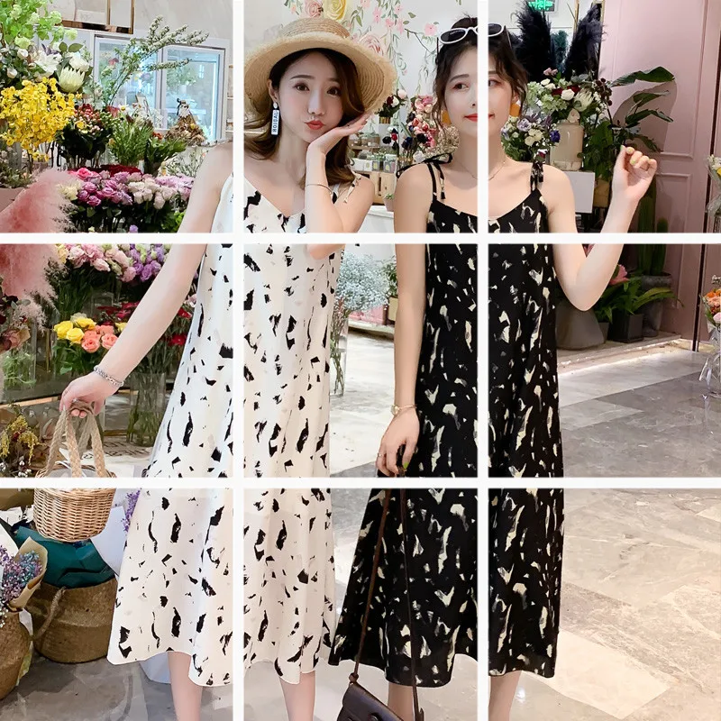 

2019 Summer New Style Fat Mm Mid-length Printed Spinning Black And White with Pattern Strapped Dress Women's Seaside Holiday Ves