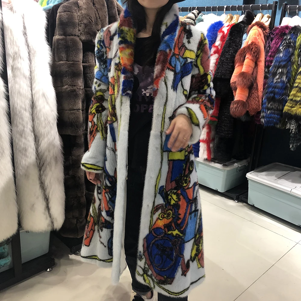 Picture color Настоящая норковая шуба Китай модное зимнее пальто Женская Длинная кожаная куртка Женское пальто шикарная одежда высокого качества - Цвет: Picture color