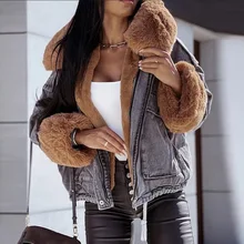 

2021 Fashion Women Fake Fur Denim Jacket Solid Patchwork Long Sleeve Thicken Distressed Lapel Casual Autumn Winter Ladies Jacket