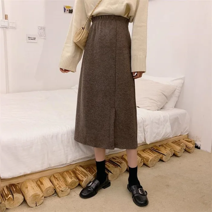 

High Waist Skirt Women's 2019 Autumn And Winter New Style Simple Elegant Slit Thick Mid-length Skirt Korean-style Skirt