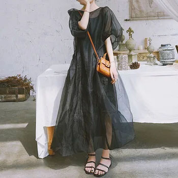 

Mesh Black A Line Dress Women Korean 2020 Summer Fashion Puff Sleeve Long Maxi Dresses Robe Femme Vestiods Autumn