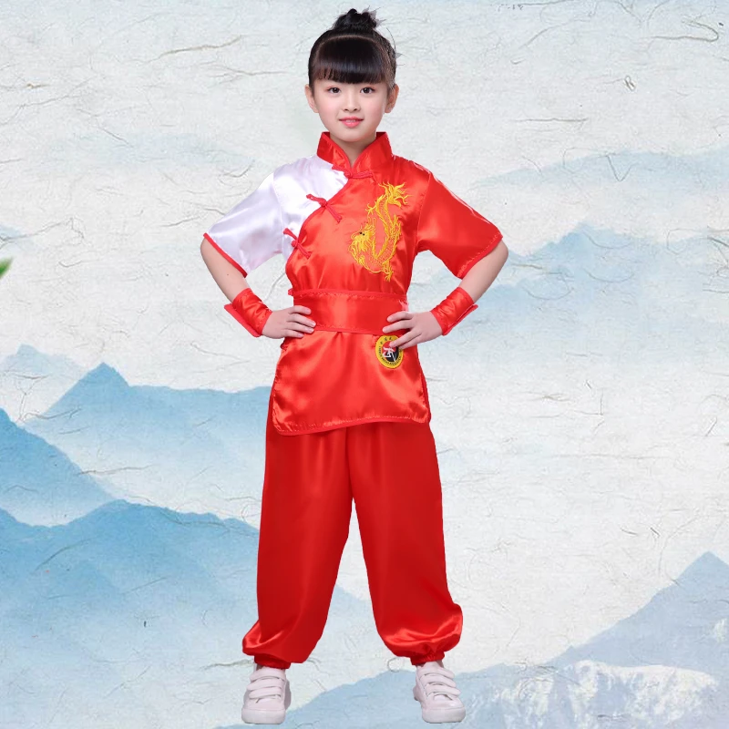 Red Short Set Традиционная китайская одежда для мужчин, детская Униформа с вышивкой дракона кунг-фу, восточные Детские костюмы Тай Чи у Шу Шао Лин - Цвет: Red Short Set