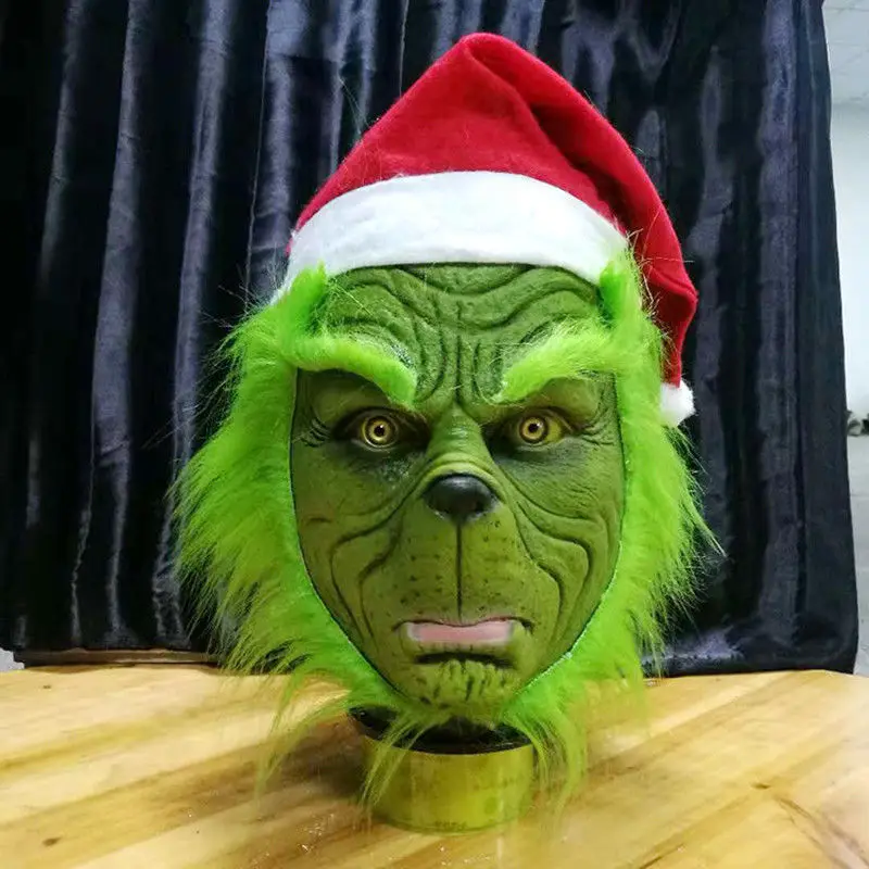 

Christmas Funny Geek Stole Cosplay Party Mask Xmas Hat Full Head Latex Mask With Further Adult Costume Grinch Mask Props