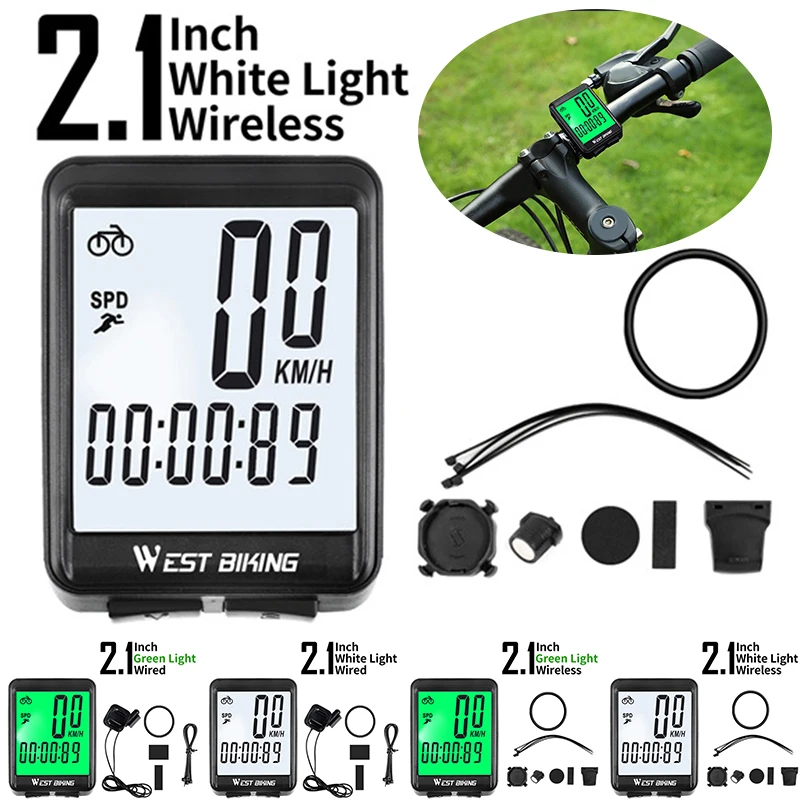 

WEST BIKING MTB Road Bike Bicycle Computer Stopwatch White Green Backlight 2.1 Inch PVC Bicycle computer