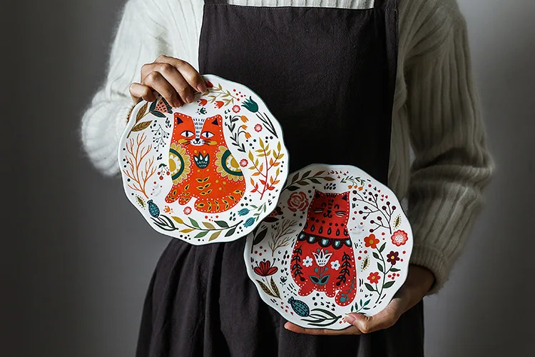 8 inch Colorful Cat Dinner Plate Under-glazed Ceramic Dinner Dishes Dessert Tray Flower Kitten Dinnerware Microwave Safe