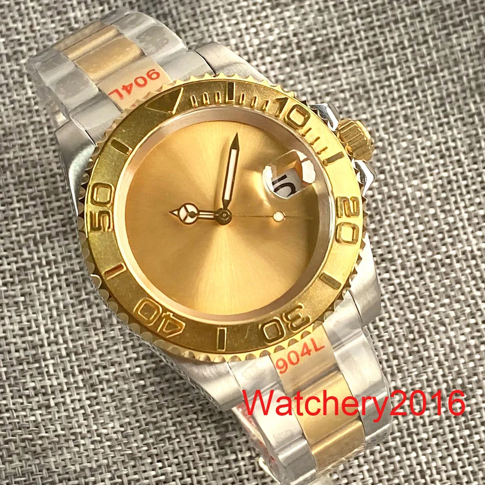 

40mm Gold Sterile Dial Polished NH35 Miyota Automatic Movement Mens Watch Sapphire Glass Luminous Hand Stainless steel Strap