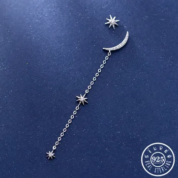 

925 Sterling Silver Asymmetrical Star Moon Shape with CZ Stone Statement Gold Color Dangle Drop Earrings for Women Lady