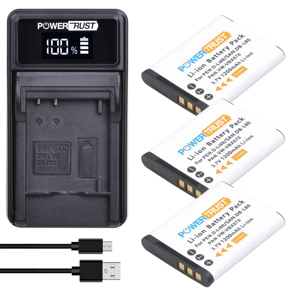 PowerTrust D-Li88 DB-L80 VW-VBX070 Camera Battery + LED USB