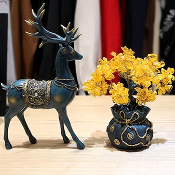 

Crystal Fortune Tree Ornament Wealth Feng Shui Tree Lucky Money Tree Ornament Resin Deer Figurine Animal Tabletop Crafts GY18