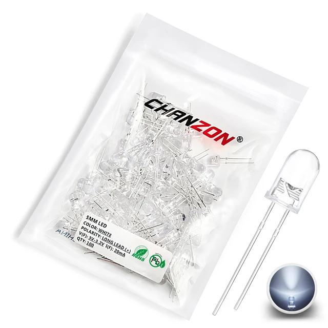 100pcs 5mm LED Diode Kit Light Emitting Warm White Red Blue Green UV Orange Yellow Pink Color Bulb Lamp Set 2V 3V PCB Assortment 100pcs White