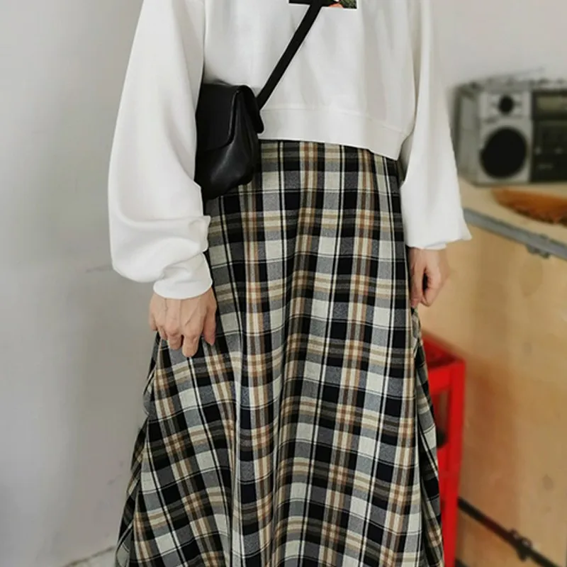 

Women Vintage Plaid Pleated Skirts Casual Ladies High Waist Ankle-Length Skirt for Girls Summer Spring Skirt