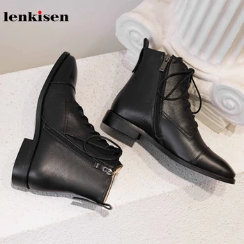 

Lenkisen genuine leather side zip lace up office lady simple style square toe low heels winter keep warm women ankle boots L15
