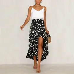 Женская юбка с рюшами и принтом, Пляжная летняя юбка в стиле бохо, асимметричная, высокая талия, уличная одежда, длинная юбка из полиэстера