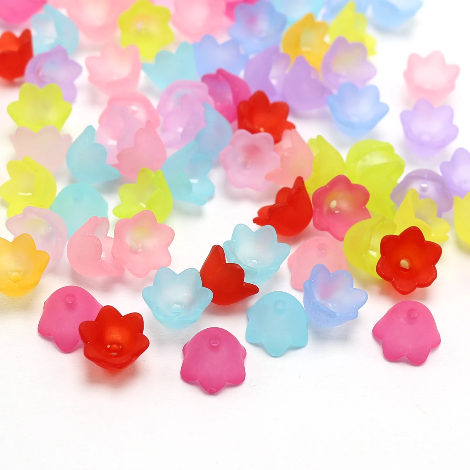 

200 Mixed Color Frosted Acrylic Flower Bell Beads Cap 10mm Center Hole