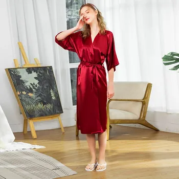 

Robe Ladies' New Imitation Silk Casual Nightgown And Home Wear Pure Color Elegant Fashion Spring Autumn Sleepwear Robes