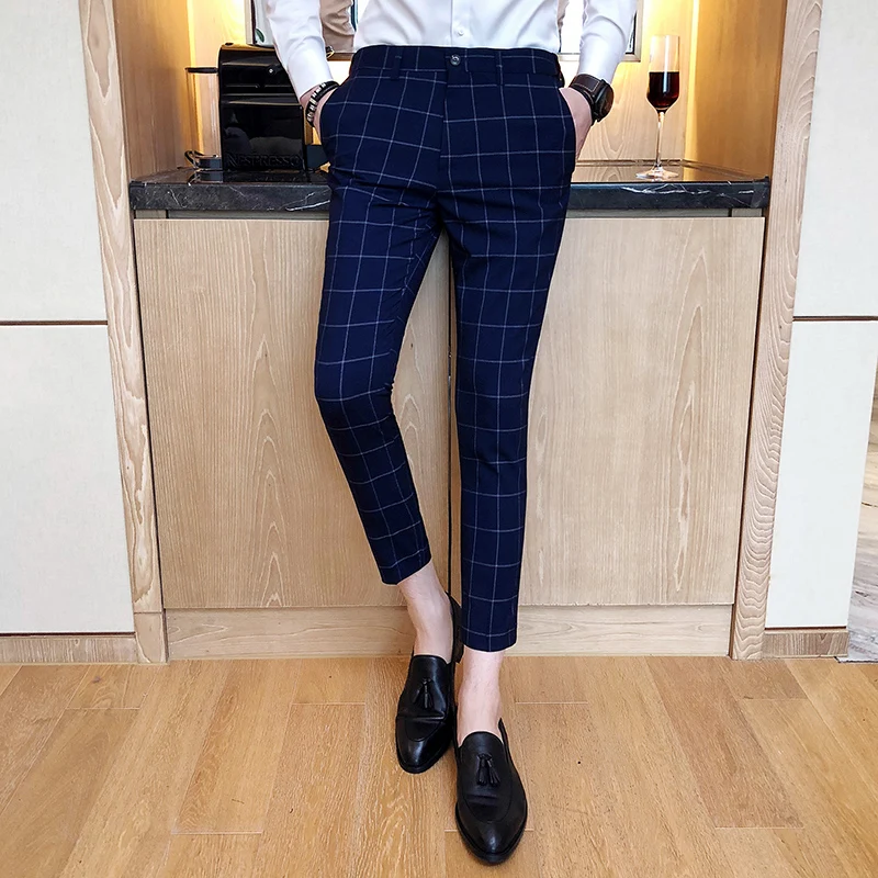 Мужские модельные брюки мужские s обтягивающие повседневные брюки Slim Fit деловые мужские строгие брюки высококачественные формальные клетчатые брюки размер S-4XL