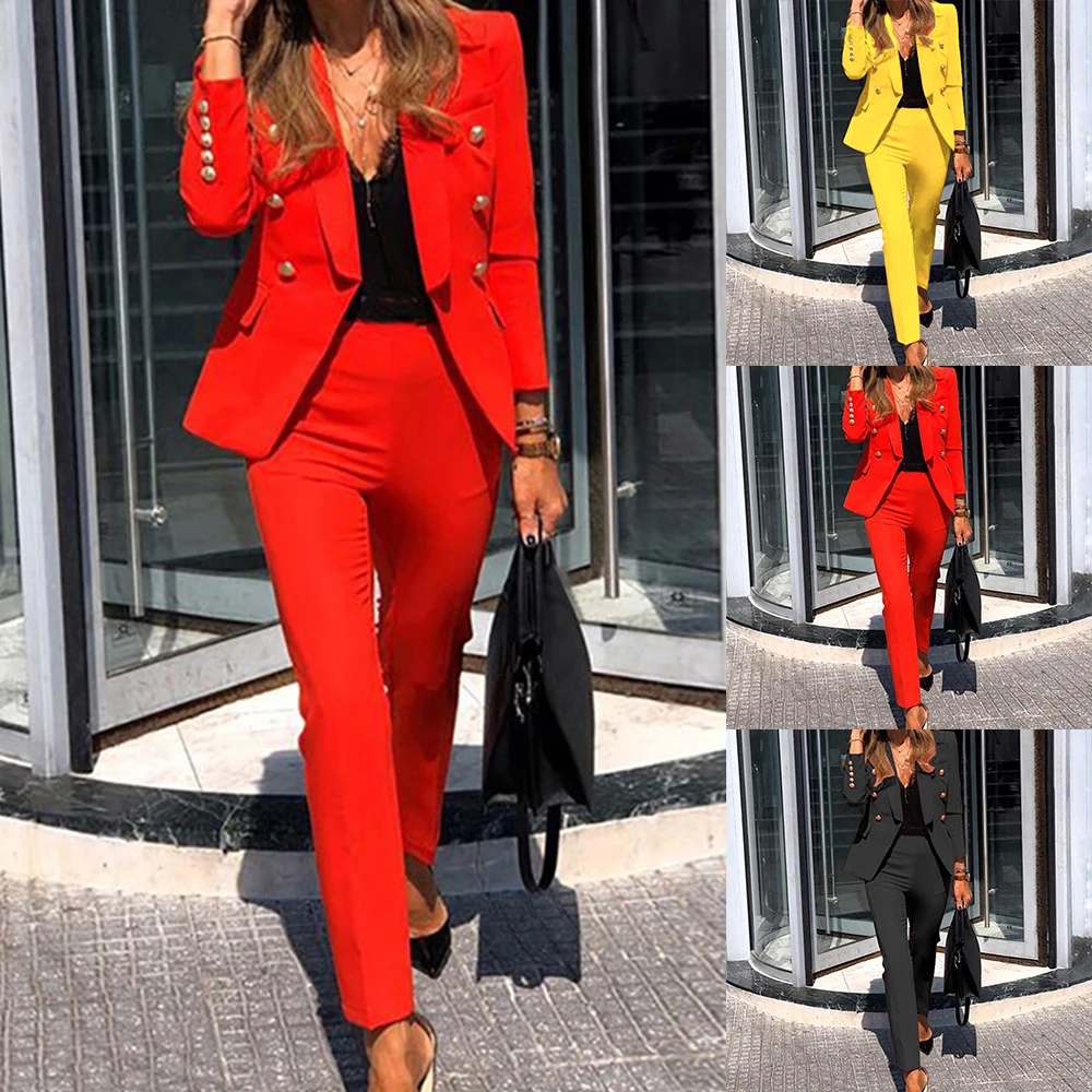 Two-Piece Casual Suit Women New Fashion Solid Color Button Long Sleeve Trousers Ladies Autumn Business Suits Ropa De Mujer 