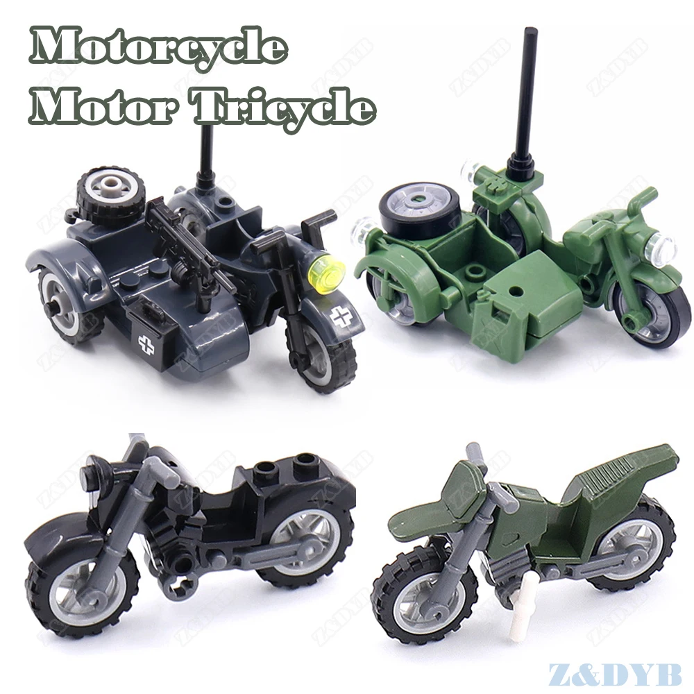 

Motorcycle Motor Tricycle Military Accessories Parts DIY Mini Soldier WW2 Figure Playmobil Building Block Brick Toy For Children