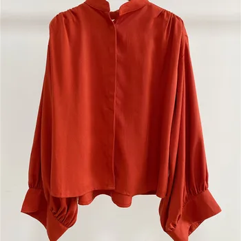 

2020 New Stand Collar Women Ol Long Lantern Sleeve Simple Lady Pleated Shirt and Tops