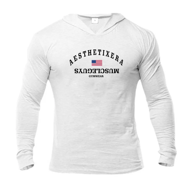 Мужская футболка с капюшоном для бега Homme, быстросохнущие футболки для бодибилдинга, облегающие топы, футболки для спорта, фитнеса, мужские спортивные футболки - Цвет: white173
