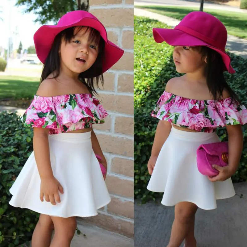 2PCS Newborn Toddler Baby Girl Summer Clothes Set Floarl Print Off Shoulder Tops+Solid Skirt Dress Outfits Set Fashionable 1-6T kids clothing set girls clothing set