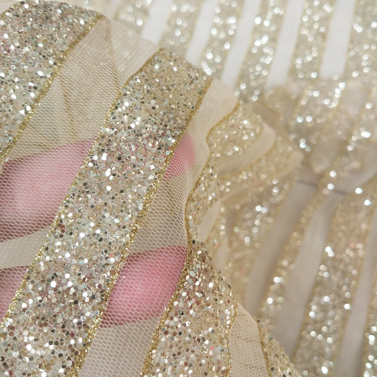 Luxury Royal Style Champagne Gold Tulle Fabric With Glitter Glued Gliding  For Gorgeous Beauty Dress Sugar Lace Durable Classical