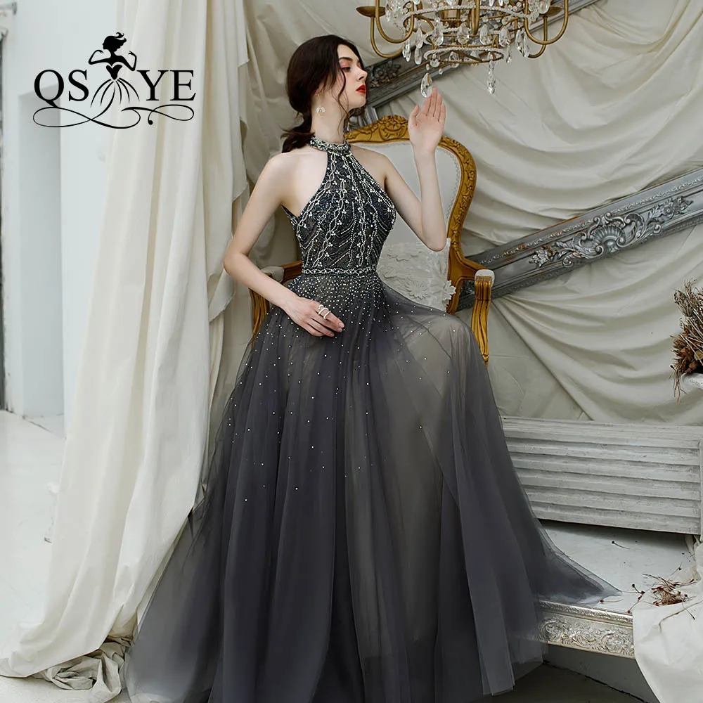 same as pictures QSYYE Длинные Выпускные платья тюль Холтер спинки vestidos largos украшенное бисером с длиной до пола формальное вечернее платье вечерние платья - Цвет: same as pictures