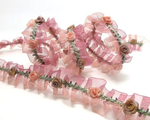

Pleated Trim|w Rococo Flower Trim|1 1/8 Inches Pleated Ombre Printed Chiffon Trim|Organza Chiffon Trim|Retro Handmade Supplies