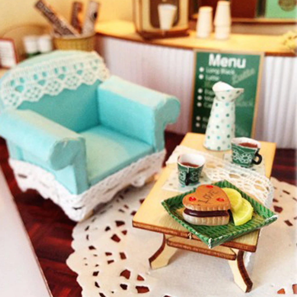 1/24 DIY Miniature Doll House Wooden Simple Coffee Shop with Furniture, LED Light