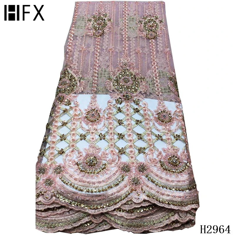 HFX, свадебная кружевная ткань высокого качества, африканская кружевная ткань ручной работы с бисером, вышивка 3d, французская кружевная ткань для 5 ярдов F2815