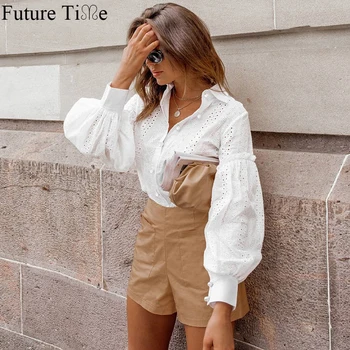 

Future Time 2020 Spring Summer New Embroidery Shirt Stringy Selvedge Lantern Sleeve Open Door Top Women Elegant Solid Top SP697