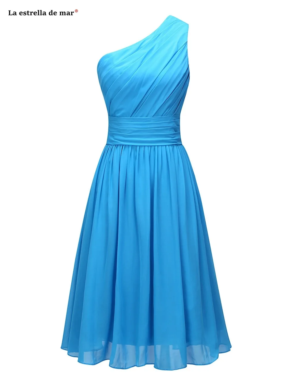 Vestido dama de honor corto, Новое шифоновое ТРАПЕЦИЕВИДНОЕ бирюзовое платье подружки невесты на одно плечо, настоящая фотография, недорогое свадебное платье для гостей