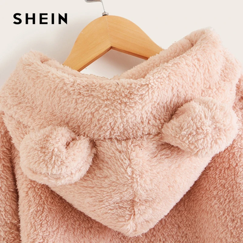 SHEIN kids/розовый однотонный зимний Повседневный свитер с капюшоном с ушками Тедди для девочек детские топы г. Осенние милые худи для подростков с длинными рукавами