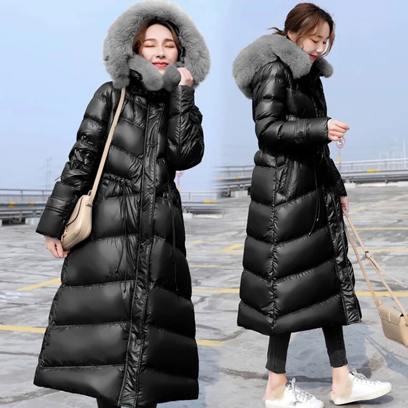 

Fandy Lokar Long Down Jackets Women Solid Fashion Down Coats Women Elegant Tie Belt Long Sleeve Down Jackets Female Ladies GY