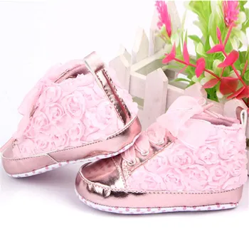 

Baby Girls Autumn Shoes Toddler Soft Sole Pink Rose Flowers Children Shoes Infant Lace Shoes