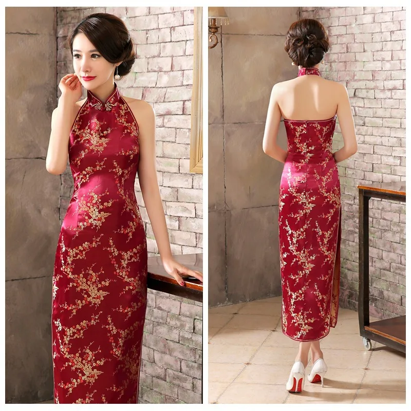 Mandarin Collar Chinese Dress Backless Long Satin Qipao Vintage Button Sexy Cheongsam Women
