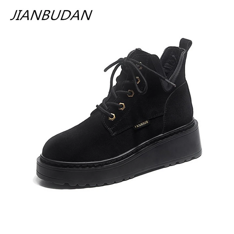

JIANBUDAN Cow suede Autumn women's motorcycle boots Platform wedge Lace-Up Women's ankle boots Winter plush warm snow boots