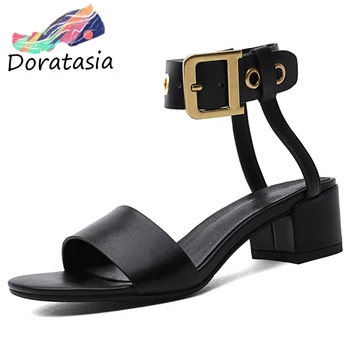 

DORATASIA Retro Genuine Leather Women Open Toe Solid Ankle Strap Square Heels Shoes Casual Sandals Women Summer Sandals