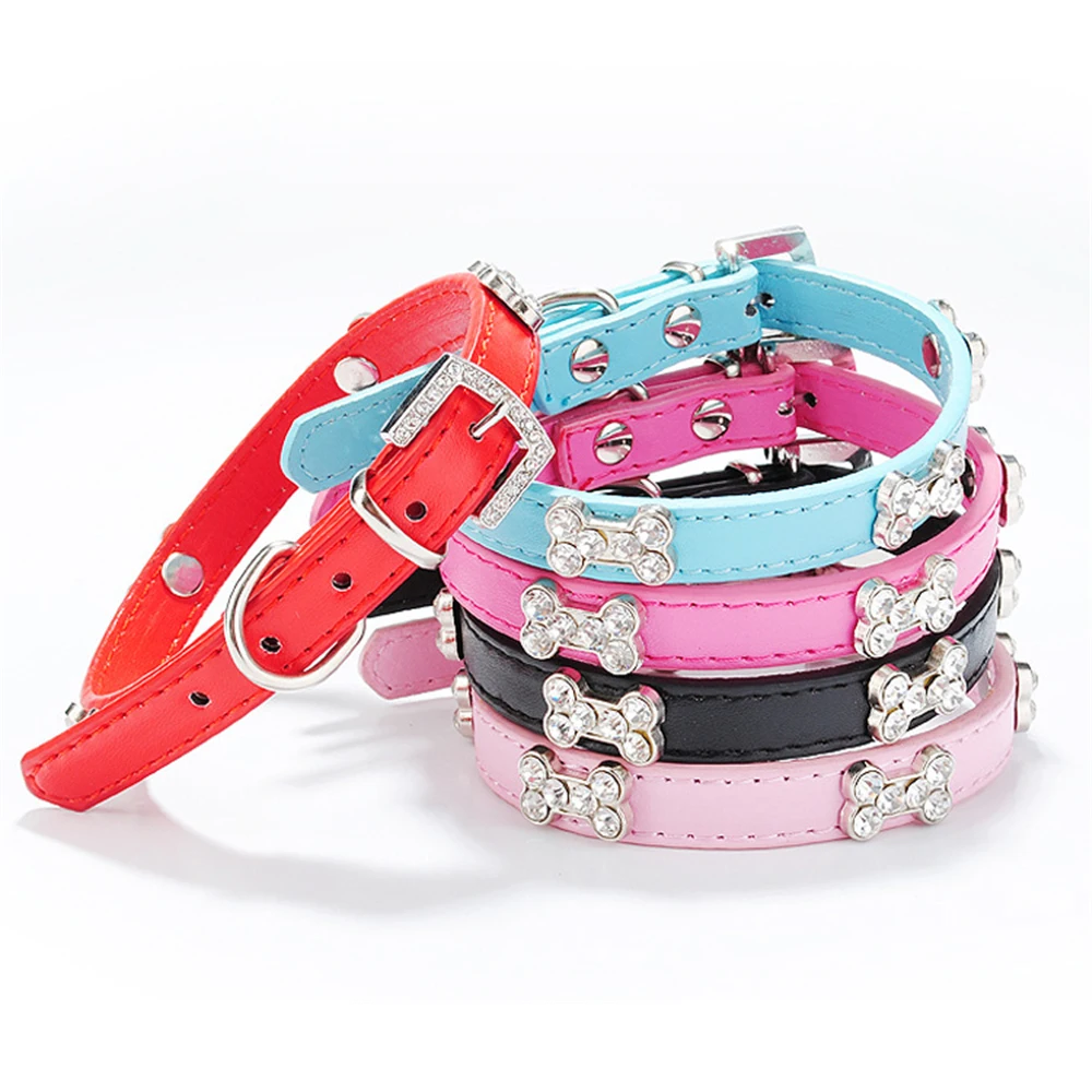 

Diamond Cat collar Leather Adjustable pyppy Necklace pet neck strap for Kitten bone decoration cat collar