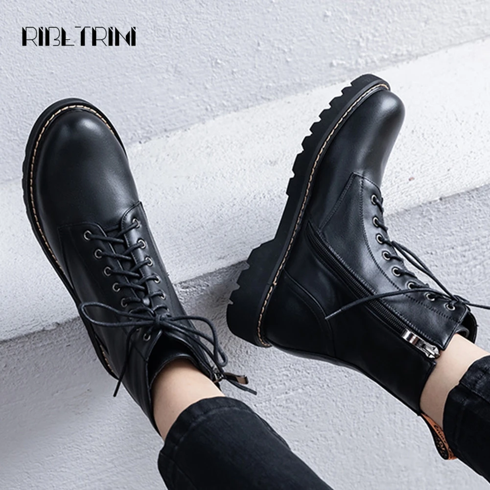 

RIBETRINI New Arrivals Hot Sale Lace Up Ankle Boots Women Shoes Woman Zip Up Casual Spring Autumn Shoes Woman Boots Female