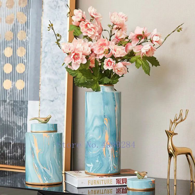 Креативная Ретро Керамическая мраморная ваза золотая птица с крышкой Цветочная композиция аксессуары для рабочего стола для хранения современного украшения дома