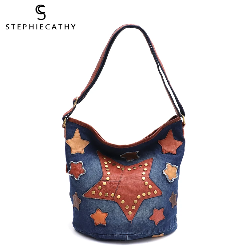 

SC Design Style Denim Messenger Bags For Women Soft Vintage Leather Patchwork Hobos Ladies Bucket Female Large Shoulder Handbags