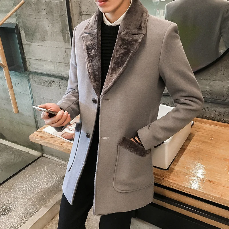 Fur Collar Trench Coat Men Wool Blend Winter Coat Slim Fit Men Manteau Homme Mid-Long Black Grey Mens Trench Coat Blue 4xl 5xl - Color: Gray